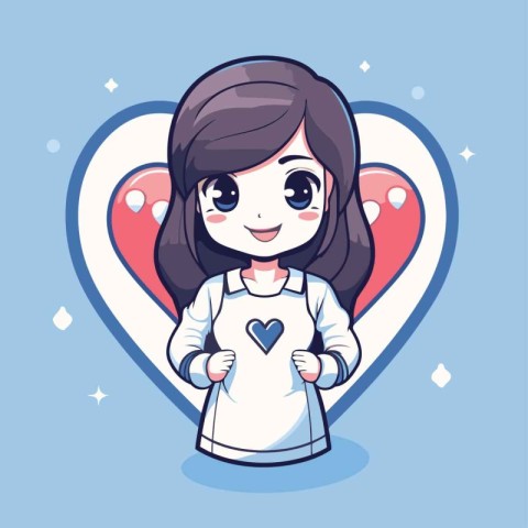 Cute little girl in love with a heart. Vector illustration.