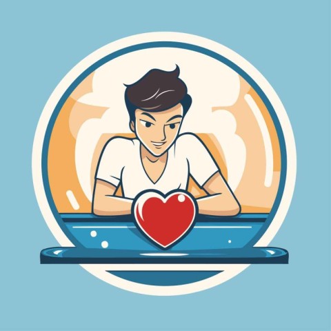 Vector illustration of a man with a red heart in a bowl.