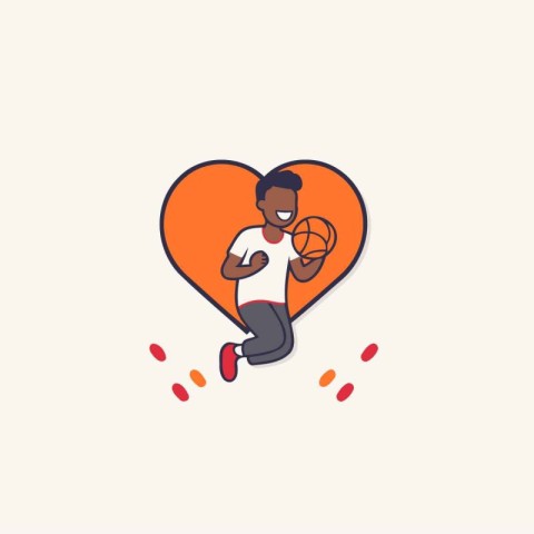 Vector illustration of basketball player with ball in heart. Fla