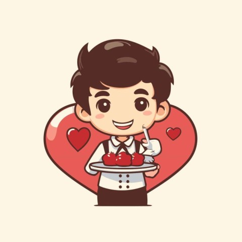 Illustration of a cute boy holding a plate of cherries and a hea