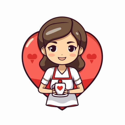 Cute girl chef holding a cup of coffee. Vector illustration.