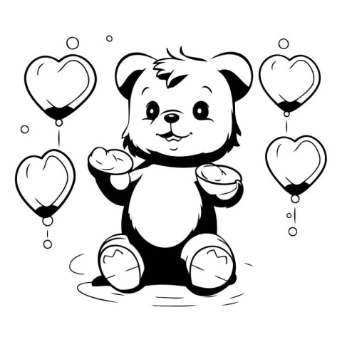 Cute panda with balloons. Black and white vector illustration.