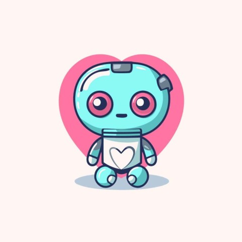 Cute Cartoon Robot Character With Heart Shape. Vector Illustrati