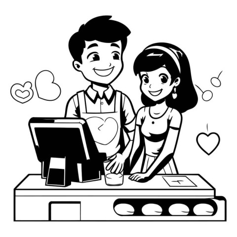 Couple in love playing computer game cartoon black and white vec