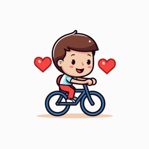 Cute boy riding a bicycle with hearts around him. vector illustr