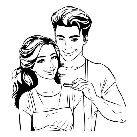 Beautiful young couple in love. Black and white vector illustrat