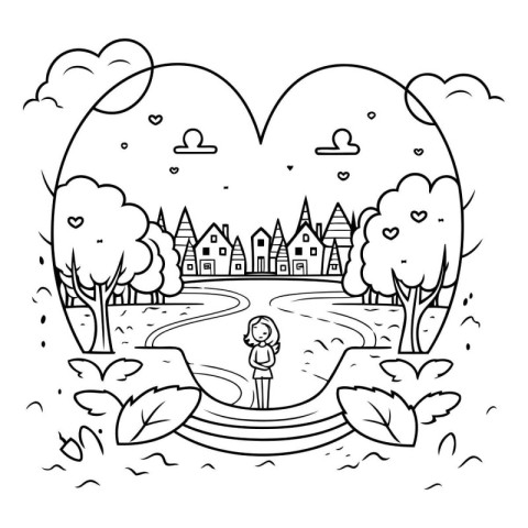 cute little girl in the park with heart love vector illustration