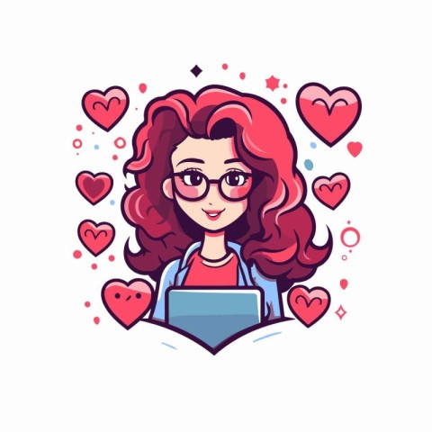 Cute girl with laptop and hearts. Vector illustration in cartoon