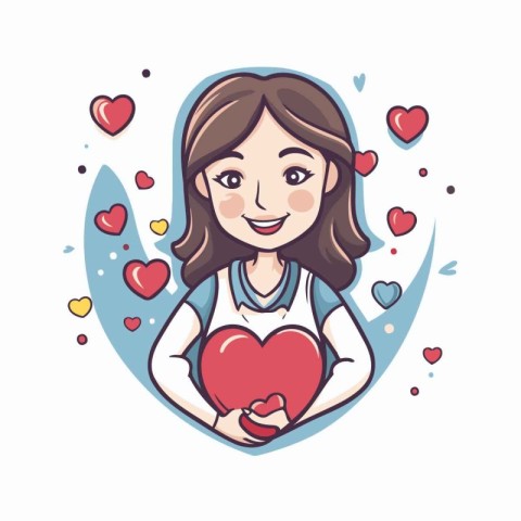 Vector illustration of a girl holding a red heart in her hands.