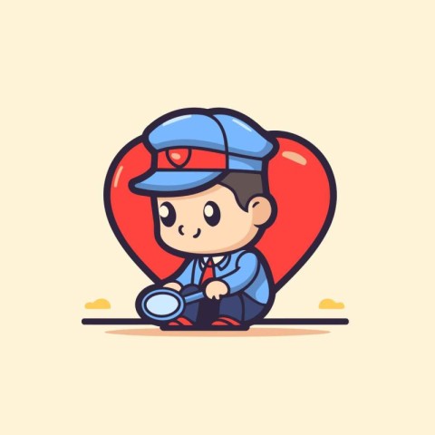 Policeman with magnifying glass and heart. vector illustration.