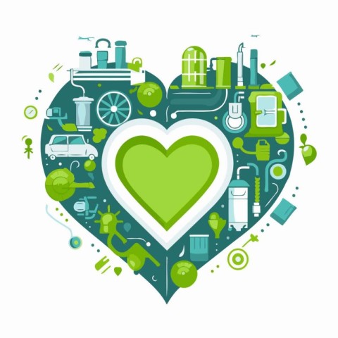 Ecology concept in heart shape with green icons on white backgro