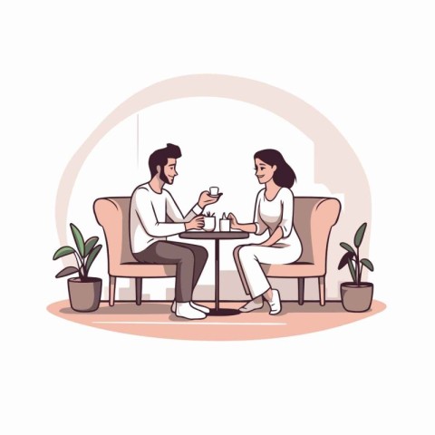 Man and woman sitting in cafe and drinking coffee. Vector illust