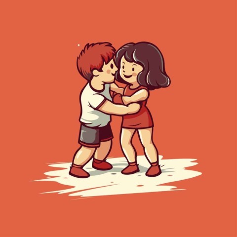 Cute little boy and girl hugging each other. Vector illustration