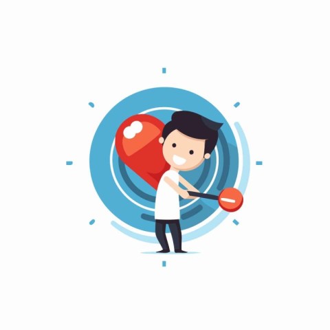 Cute boy holding red heart. Vector illustration in flat style.