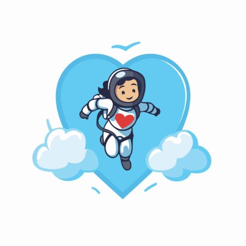 Cute astronaut with heart and cloud. Cartoon style vector illust