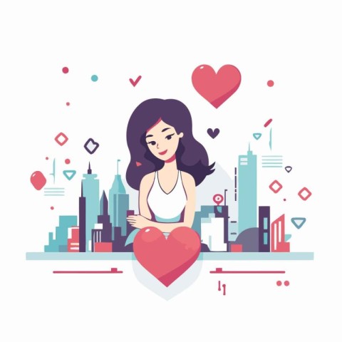 Woman with red heart on the city background. Flat vector illustr