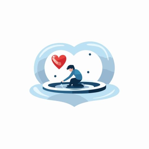 Man swimming in a puddle of water with a heart in his hand. Vect