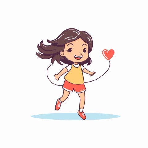 Cute little girl with heart and skipping rope. Vector illustrati