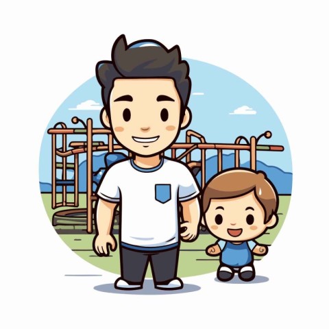 Father and son playing together in the park. Vector illustration