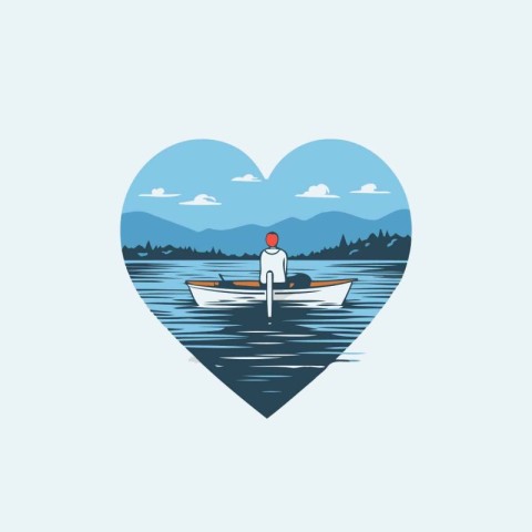 Man in boat on the lake in a heart shape. Vector illustration.