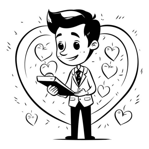 Businessman holding a notebook with hearts around him. Vector il