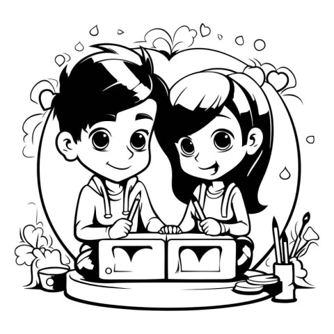 Boy and girl eating cake in cafe. Black and white illustration.