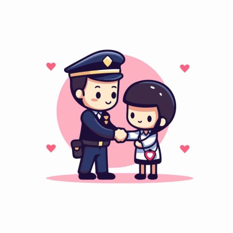 Cute boy and girl in police uniform shaking hands. Vector illust