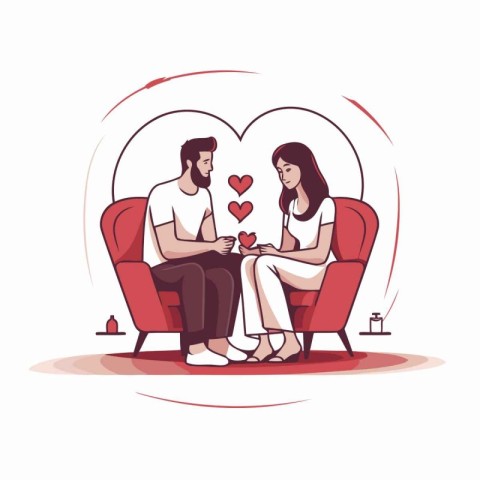 Couple in love sitting on the red armchairs. Vector illustration