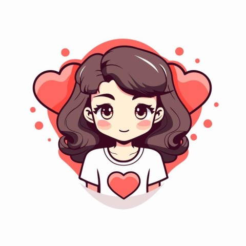 Cute cartoon girl with long hair and heart. Vector illustration.