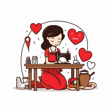 Vector illustration of a seamstress sitting at the table and wor