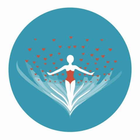 Vector illustration of a woman in a swimsuit on a sea of hearts