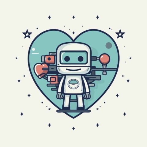 Cute robot with heart. Vector illustration in flat linear style.