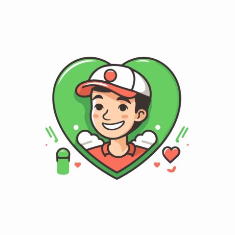 Cute boy in baseball cap and cap in heart shape. Vector illustra