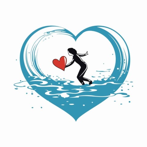 Girl with a heart on a background of water. Vector illustration.