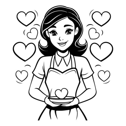 Black and White Cartoon Illustration of a Female Chef Holding a