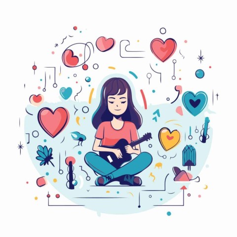 Vector illustration of girl playing guitar on white background.