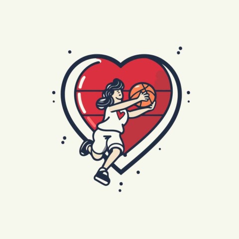 Vector illustration of a basketball player in heart shape. Line