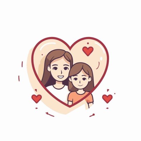 Cute little girl and her mother in heart shape. Vector illustrat