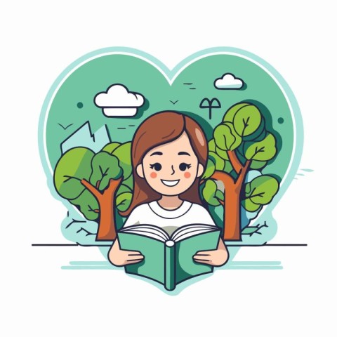 Girl reading a book in the park. Vector illustration in flat sty