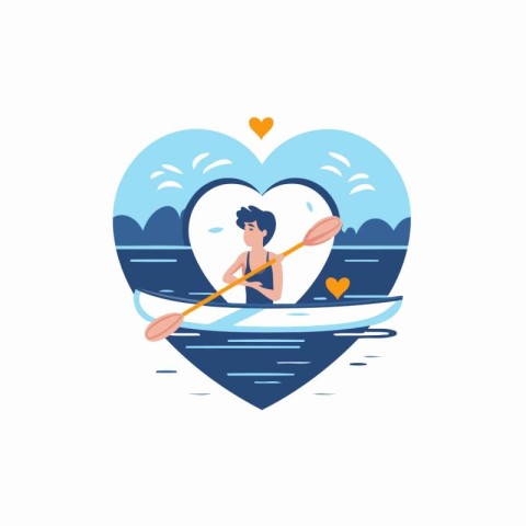 Man in a kayak in the shape of a heart. Flat vector illustration