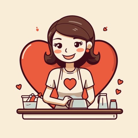 Cute vector illustration of a young woman in love making a heart