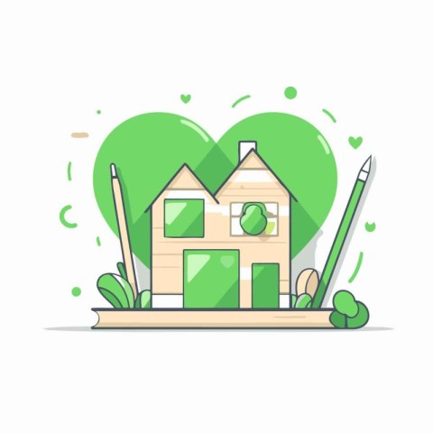 House with green heart and pencils. Flat design vector illustrat