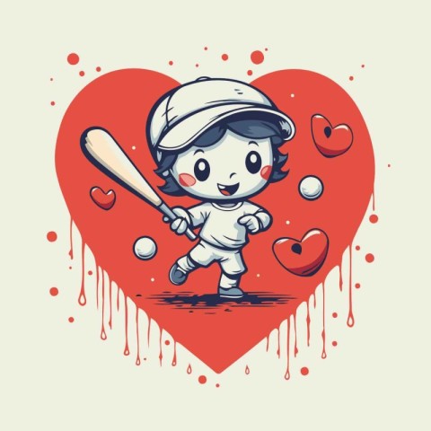 Illustration of a Cute Boy Playing Baseball with a Red Heart