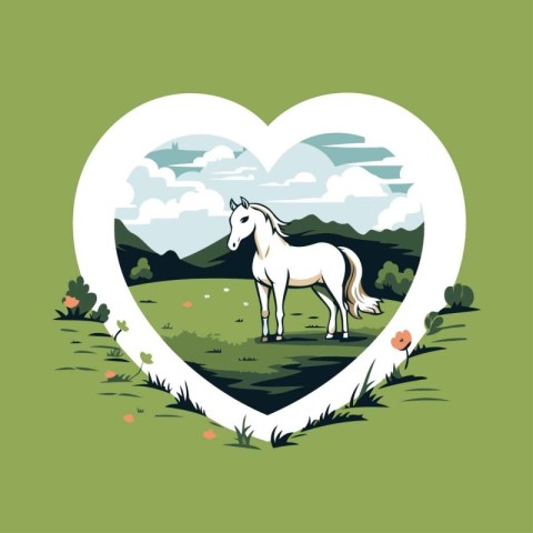 Vector illustration of a white horse in a heart-shaped frame.