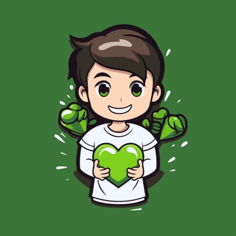 Cute boy holding a green heart. Vector cartoon character illustr