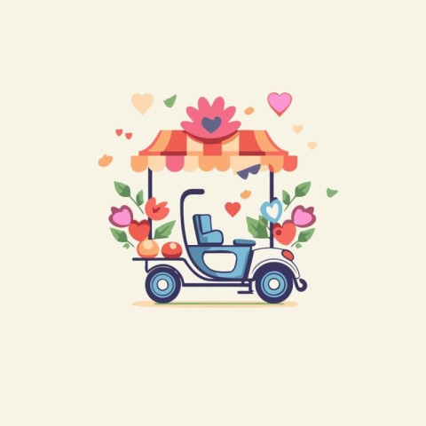 Vector illustration of a cart with flowers in the shape of a hea