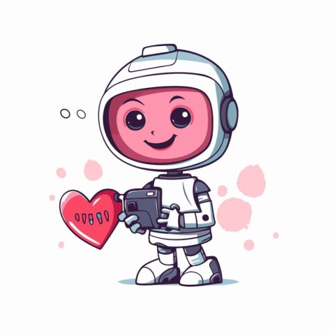 Cute cartoon astronaut holding a camera and heart. Vector illust