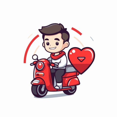 Cute cartoon man on scooter with heart. Vector illustration.