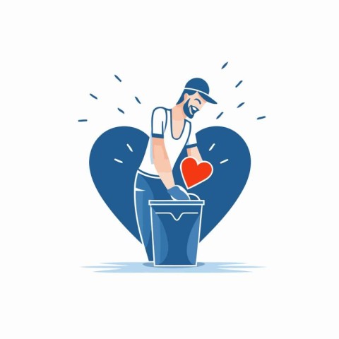 Volunteer putting a heart in a trash can. Vector illustration.