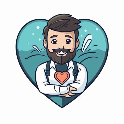 Cute cartoon man with beard and mustache in heart shape vector i